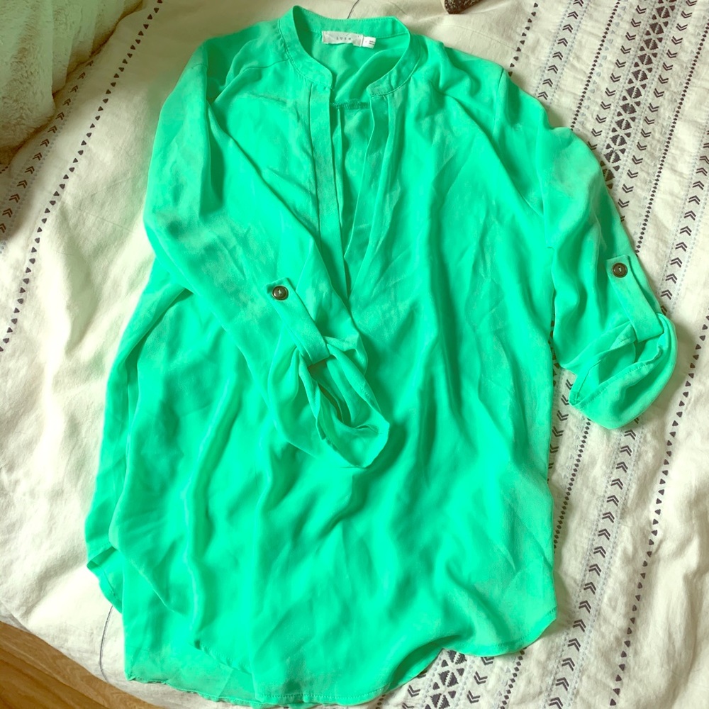 Lush Split Neck Roll Sleeve Tunic Blouse